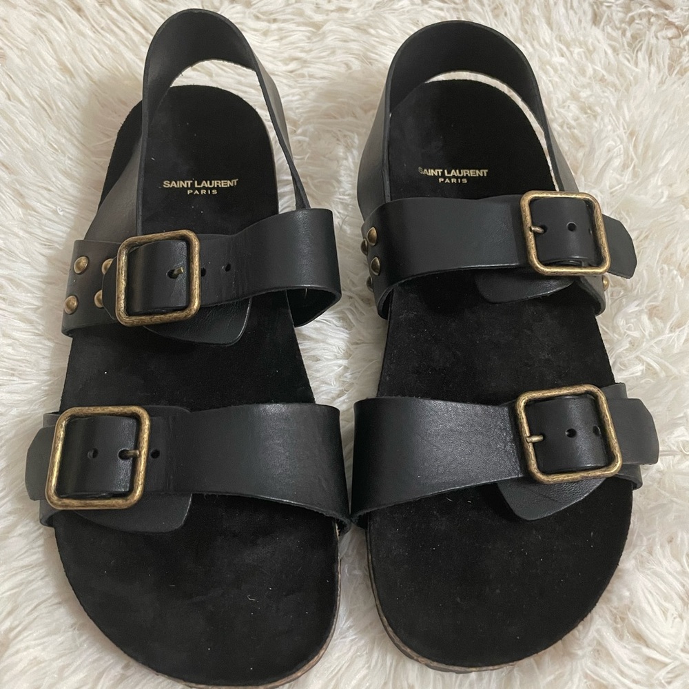 Saint Laurent Jam Calfskin Double-Buckle Slingback Sandals - Picture 1 of 6